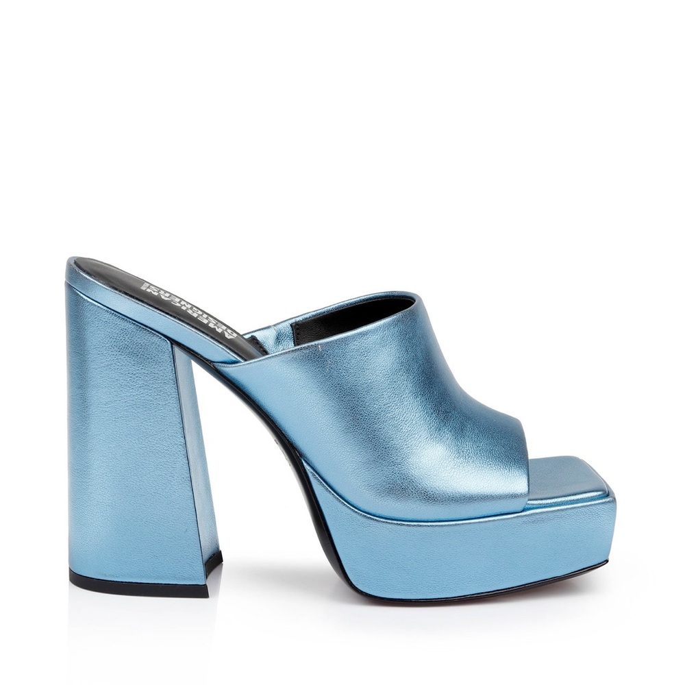American Designers NIB Lofty Metallic Blue Metallic Platform Block Heel Slide